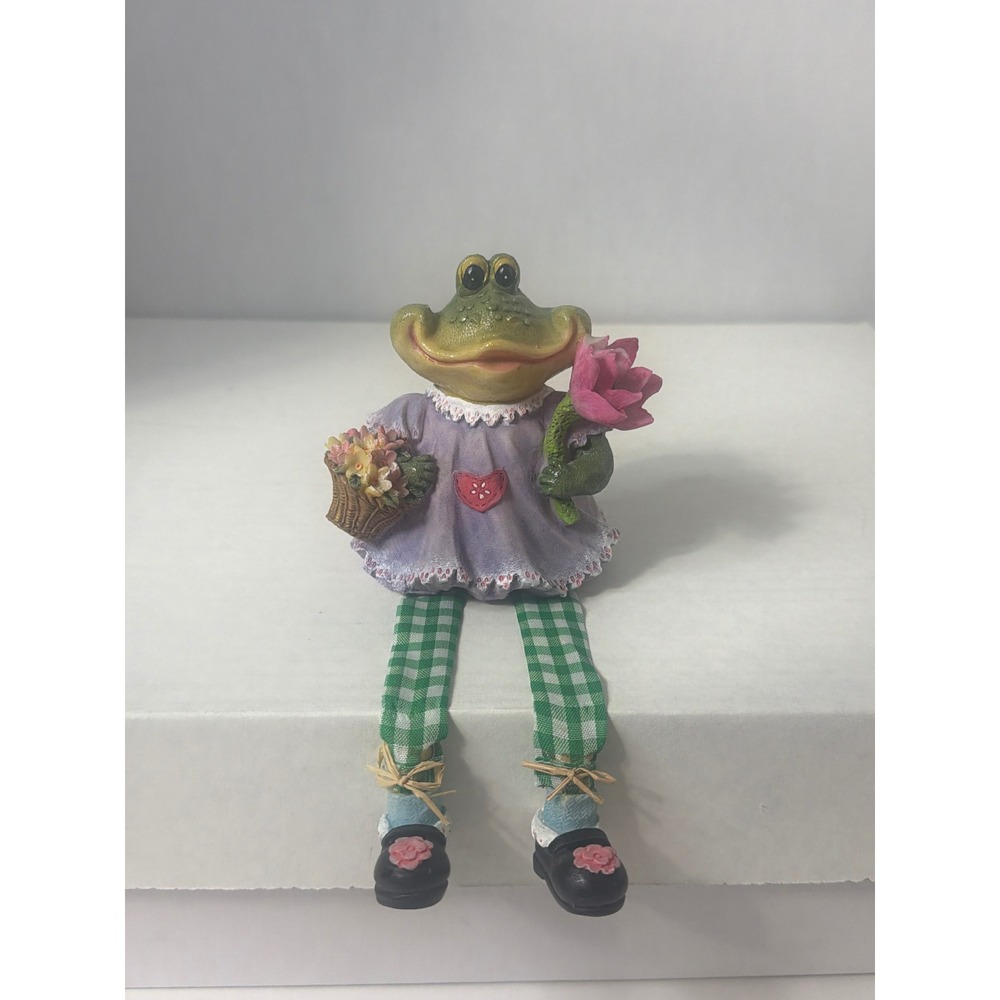 Vintage Whimsical Frog Shelf Sitter Figurine Purple Dress Gingham Legs